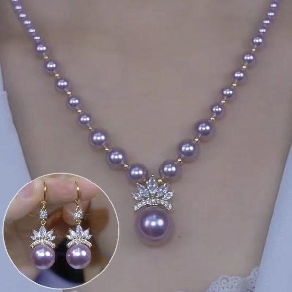 Elegant Purple Rhinestone Pearl Necklace for Women, Lightweight Luxury Fashion Accessory, Perfect for Sweaters, Also Available as Matching Earrings.