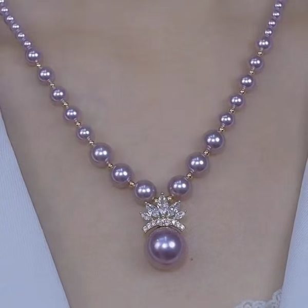 Elegant Purple Rhinestone Pearl Necklace for Women, Lightweight Luxury Fashion Accessory, Perfect for Sweaters, Also Available as Matching Earrings.