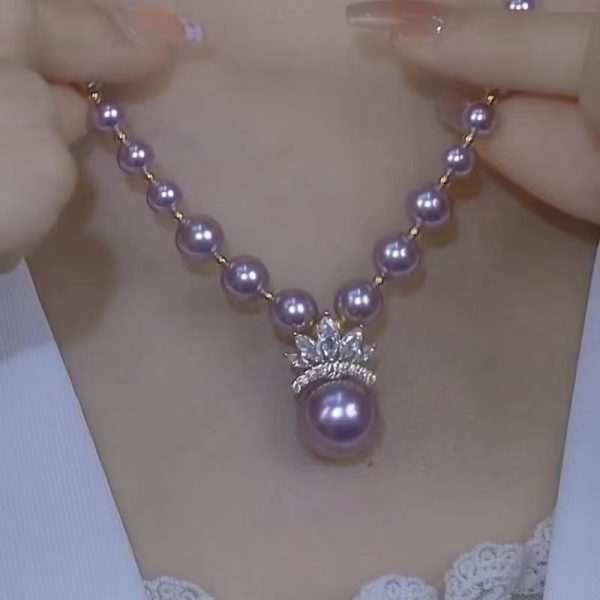 Elegant Purple Rhinestone Pearl Necklace for Women, Lightweight Luxury Fashion Accessory, Perfect for Sweaters, Also Available as Matching Earrings.